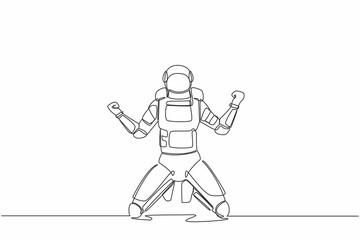 Fototapeta na wymiar Continuous one line drawing happy astronaut kneeling with both hands yes gesture, celebrating success in orbital adventure. Cosmonaut outer space. Single line draw graphic design vector illustration