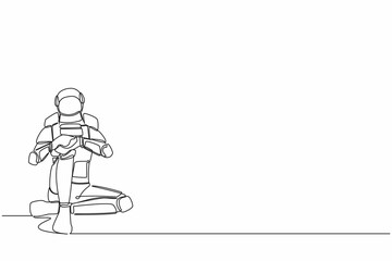 Fototapeta na wymiar Single one line drawing sad astronaut sitting alone on the floor. Depressed, disorder, sorrow. Spacecraft industry failure. Cosmic galaxy space. Continuous line draw graphic design vector illustration