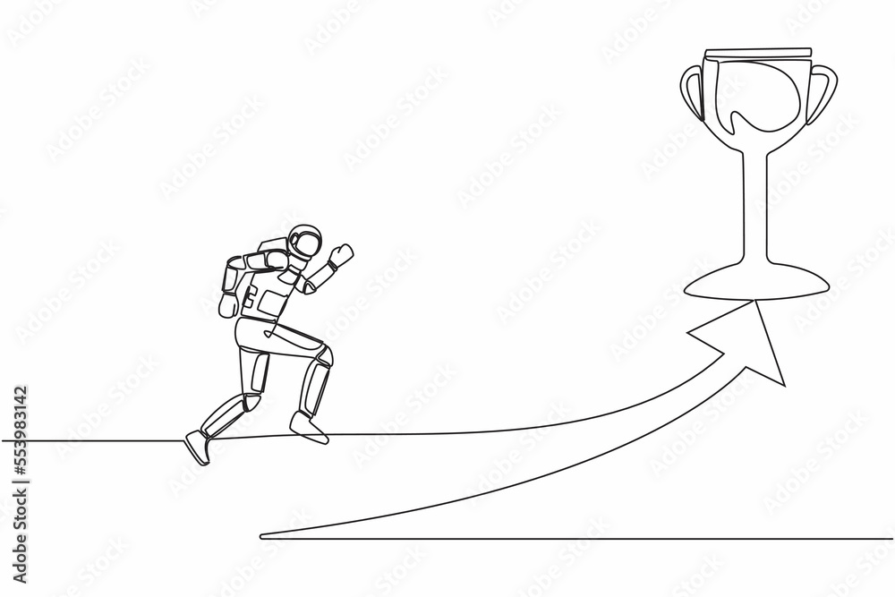 Poster continuous one line drawing astronaut running on forward arrow to get trophy in moon surface. race f