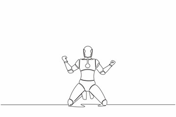 Continuous one line drawing of happy robot kneeling with both hands yes gesture, celebrating success. Humanoid cybernetic organism. Future robotic. Single line draw graphic design vector illustration
