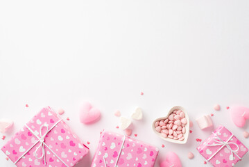Valentine's Day concept. Top view photo of pink present boxes heart shaped plate with sprinkles marshmallow and candles on isolated white background with blank space