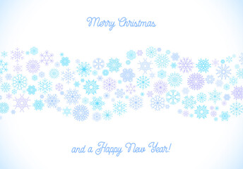 Christmas card with frame of blue and violet snowflakes with Merry Christmas holiday greeting.
