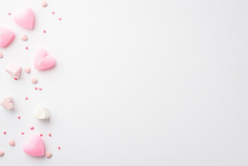 Valentine's Day concept. Top view photo of heart shaped marshmallow pink candles and sprinkles on...