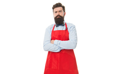 Serious confident professional business owner entrepreneur keeping arms crossed in red apron