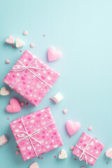 St Valentine's Day concept. Top view vertical photo of pink present boxes heart shaped marshmallow candles and sprinkles on isolated light blue background with copyspace