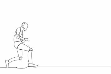 Single one line drawing of happy robot bow with yes gesture. Successful victory achievement. Artificial intelligence. Electronic technology industry. Continuous line graphic design vector illustration