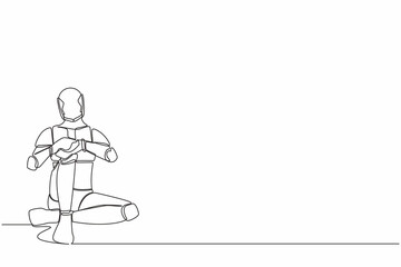 Continuous one line drawing sad robot sitting alone on the floor. Depressed, disorder, sorrow. Humanoid cybernetic organism. Future robotic development. Single line design vector graphic illustration