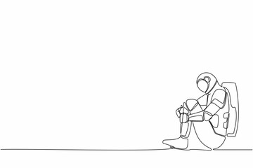 Single one line drawing of astronaut suffer sadness melancholy sitting in despair on the floor. Failed in spaceship exploration. Cosmic galaxy space. Continuous line graphic design vector illustration