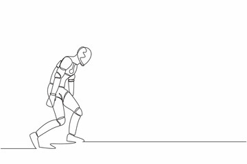 Single continuous line drawing sad robot bowed down. Feeling lonely and having mental pressure or stress. Artificial intelligence and machine learning process. One line draw design vector illustration