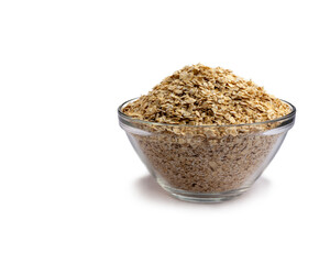 fine oat flakes in glass bowl isolated, png file