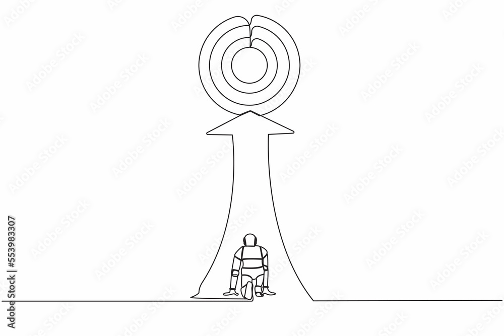 Poster single one line drawing robot ready to run to trophy at end of route. future technology development.