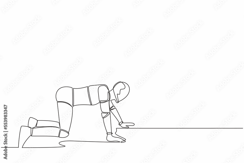 Poster single continuous line drawing depressed robot crawling in despair on the floor. frustrated concept.