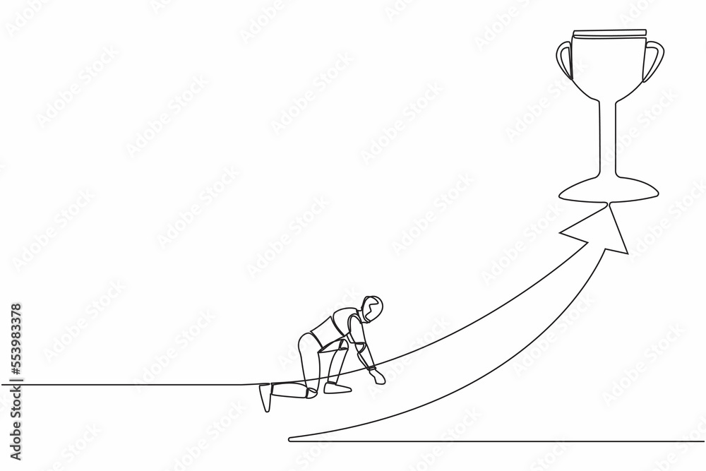 Poster continuous one line drawing of robot get ready to sprint run and get trophy. humanoid robot cybernet