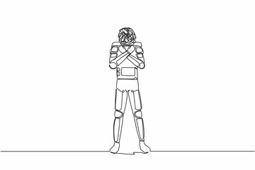 Single one line drawing astronaut with round scribbles instead of head. Spaceman with fist clenched, arms crossed gesture. Cosmic galaxy space. Continuous line draw graphic design vector illustration