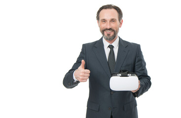 studio shot of business man show thumb up with virtual reality glasses. virtual reality in business