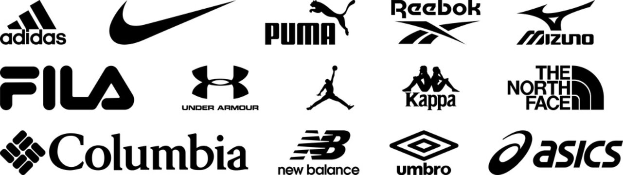 Popular logos of popular sportswear brands. Adidas, Nike, Puma, Reebok, Mizuno, Fila, Under Armour, Jordan. PNG image