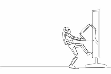 Continuous one line drawing astronaut pulling trophy from monitor screen. Award on winning spaceship exploration competition. Cosmonaut outer space. Single line draw graphic design vector illustration
