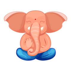 Ganesh god cute character lotus pose, meditation in cartoon style isolated on white background. Idol, spiritual statue.
