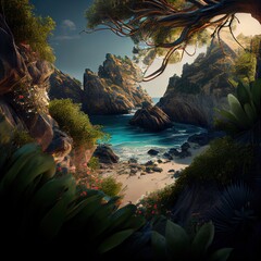 Fototapeta na wymiar Stunning photorealistic landscape. Lost paradise island. Generative art.