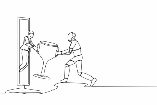 Continuous one line drawing of young male giving trophy to robot from computer screen. Winning, leadership, achievement. Future robotic development. Single line draw design vector graphic illustration