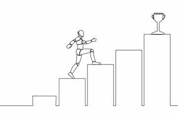Single continuous line drawing of robot walking on graph staircase to get trophy. Way to achieve goal. Robotic artificial intelligence. Technology industry. One line graphic design vector illustration