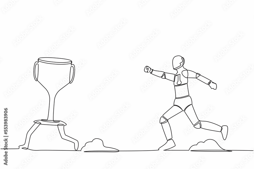 Poster single continuous line drawing robot trying to catch and running chasing after run away winner troph