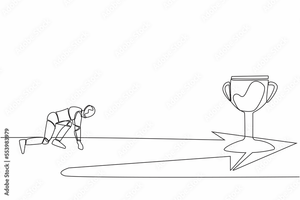 Poster single one line drawing side view robot ready to run to trophy. vision mission tech business. artifi