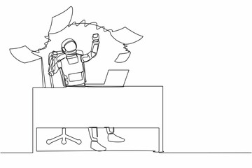 Single one line drawing happy astronaut throwing paper documents in air at working desk. Enjoying space business success. Cosmic galaxy space. Continuous line draw graphic design vector illustration