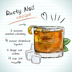 Rusty Nail cocktail, vector sketch hand drawn illustration, fresh summer alcoholic drink with recipe and fruits	