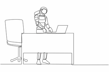 Continuous one line drawing of smart young astronaut standing and working behind office desk. Planning for rocket launch project. Cosmonaut outer space. Single line graphic design vector illustration