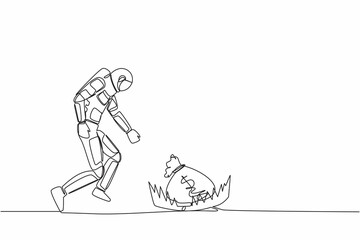 Single continuous line drawing astronaut running to catch money bag from steel bear trap. Challenge to funding spaceship company. Cosmonaut deep space. One line draw graphic design vector illustration