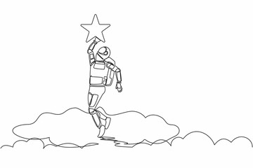 Continuous one line drawing young astronaut reaching star on the sky. Business champion to get reward in spaceship industry. Cosmonaut outer space. Single line draw graphic design vector illustration