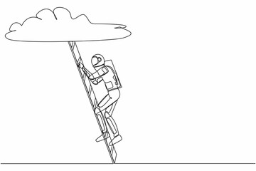 Single one line drawing young astronaut climbing up ladder to cloud. Spaceman career path growth in space industry. Cosmic galaxy space concept. Continuous line draw graphic design vector illustration