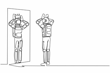 Single continuous line drawing young astronaut looking at mirror and seeing in reflection of himself with crown on his head. Cosmonaut deep space concept. One line graphic design vector illustration
