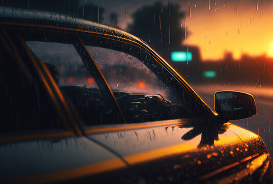 Image of rainfall on a vehicle roof in close up with the setting sun reflected in the windows. Generative AI