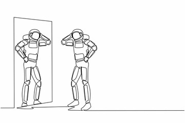Single one line drawing young astronaut standing with style in front of mirror. Spaceman ready to start galactic journey. Cosmic galaxy space. Continuous line draw graphic design vector illustration