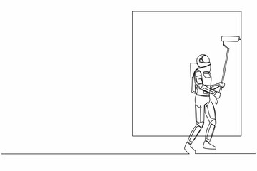 Single one line drawing astronaut painter decorator at work. Future house decoration. Preparation home reparation on moon surface. Cosmic galaxy space. Continuous line draw design vector illustration