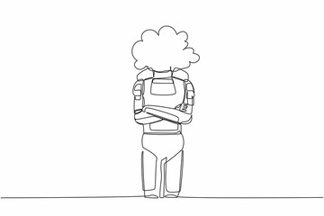Single continuous line drawing of young astronaut with empty head and cloud instead. Thinking about spacecraft exploration idea. Cosmonaut deep space. One line draw graphic design vector illustration