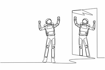 Single continuous line drawing happy astronaut look in mirror with raised hands. Reflection in mirror. Victory or success in space expedition. Cosmonaut deep space. One line design vector illustration