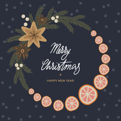 Christmas wreath with branch of fir, pine, mistletoe leafs and berries, dry oranges, anise star. Xmas and Happy New Year postcard. Vector illustration, holiday party invitation in flat style