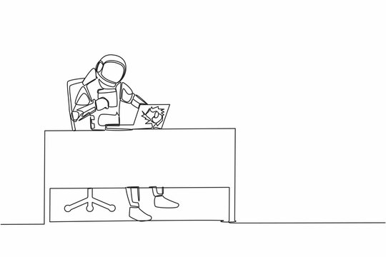 Single one line drawing of angry young astronaut breaks his laptop computer hitting it with clenched fist at working desk. Cosmic galaxy space. Continuous line draw graphic design vector illustration