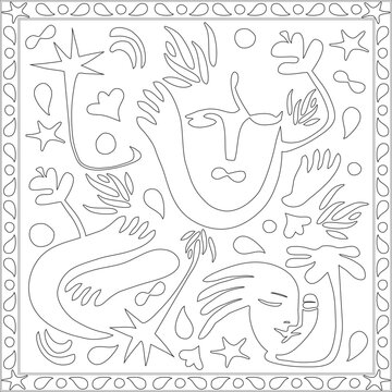 Dessin art abstrait Contemporain Visage Mains Palmier Nature Gribouillis Feuillage dessin&eacute;s &agrave; la main Page de coloriage Vecteur Noir et Blanc