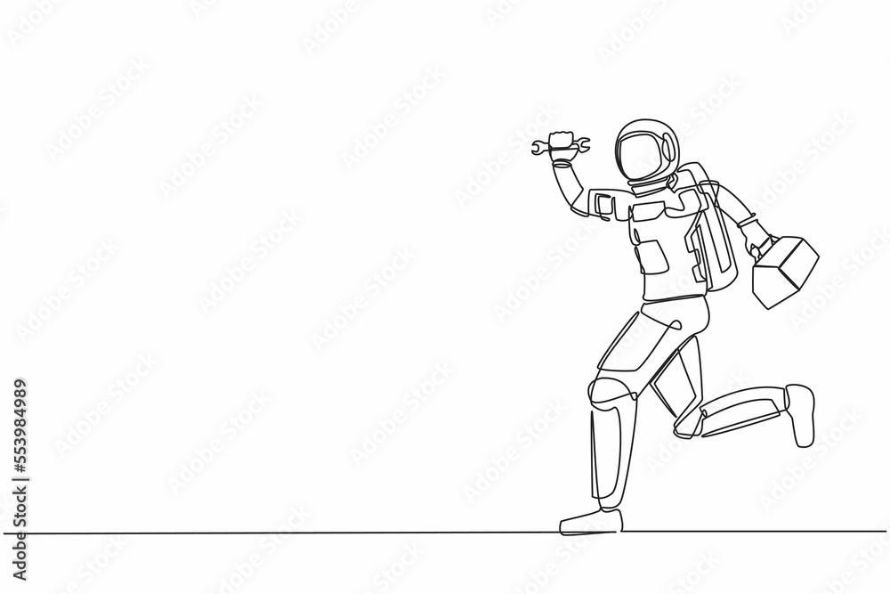 Poster single continuous line drawing young astronaut mechanic running with tool box in moon surface. techn