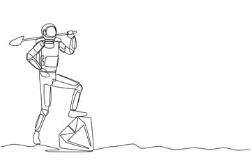 Single continuous line drawing astronaut digging ground with shovel and step on big diamond. Successful in spaceship exploration. Cosmonaut deep space. One line draw graphic design vector illustration