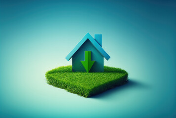 house icon with a location arrow on a blue background with green grass. Generative AI