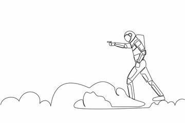 Single one line drawing young astronaut riding cloud on sky, pointing forward, go to future innovation of space industry. Cosmic galaxy space. Continuous line draw graphic design vector illustration