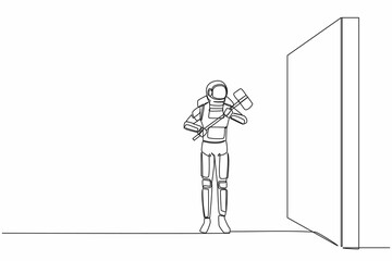 Single one line drawing astronaut standing and holding big hammer while facing wall in moon surface. Space company development. Cosmic galaxy space. Continuous line graphic design vector illustration