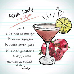 Pink Lady cocktail, vector sketch hand drawn illustration, fresh summer alcoholic drink with recipe and fruits	