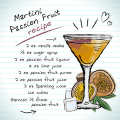 Passion fruit martini cocktail, vector sketch hand drawn illustration, fresh summer alcoholic drink with recipe and fruits	