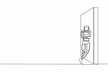Fototapeta na wymiar Continuous one line drawing young astronaut standing and leaning against wall in moon surface. Thinking about space exploration. Cosmonaut outer space. Single line graphic design vector illustration